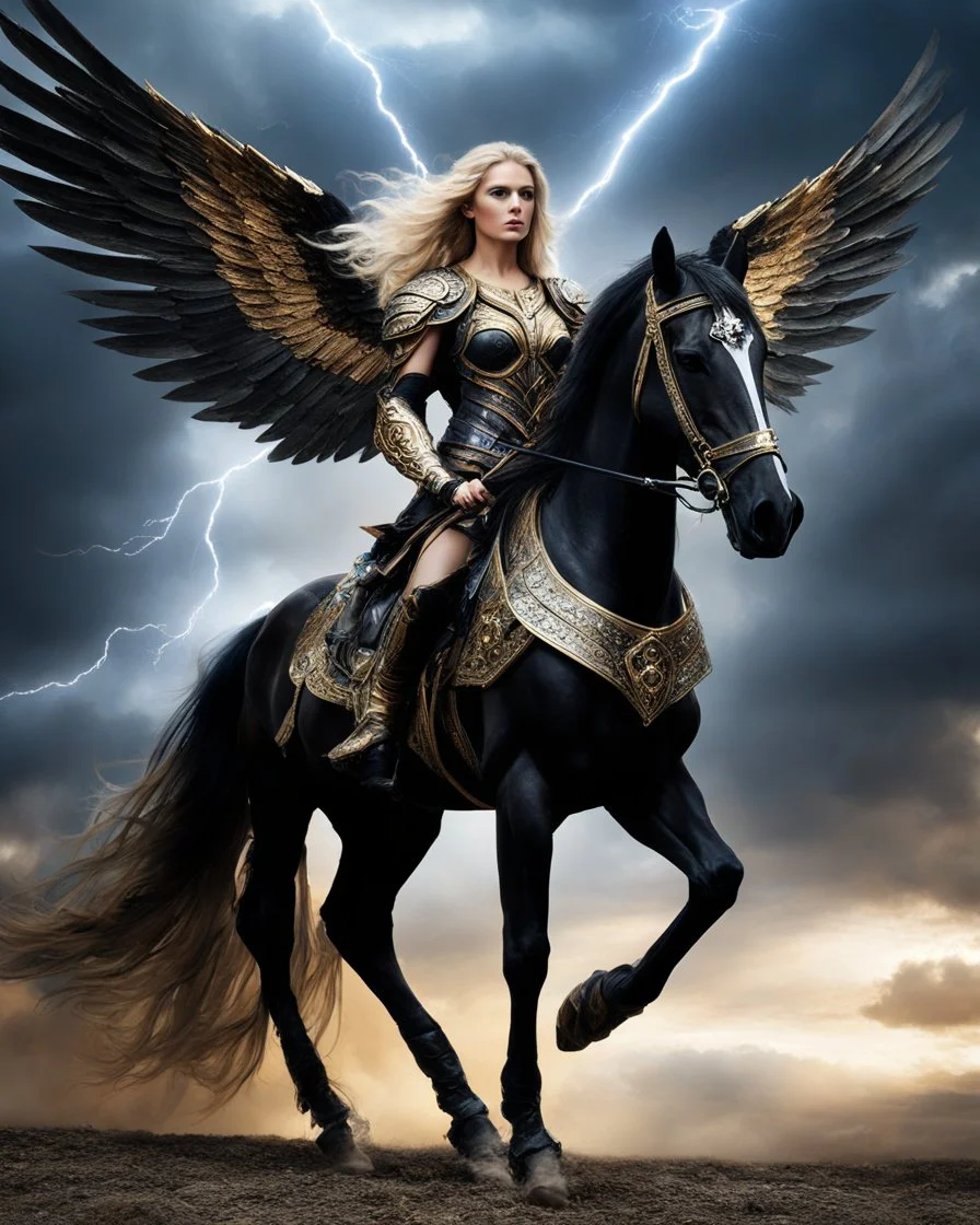 wide angle facing front photography fantasy art angel warrior drive black horse flying on darkstrom lightning high sky, beauty colors full body A Length image of very beautiful Super model woman,long hair blond as an Beautiful Archangel with wings made from metal craft, dressing luxurious golden and black color armor ornaments combination fully crystals diamonds stone,luxury boots shoes,she on drive horse on the high sky darkstrom