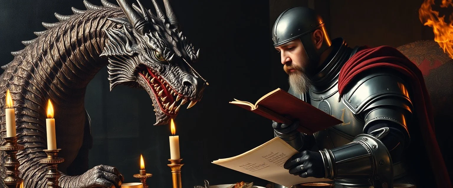 close up portrait painted by Rembrandt, dragon in chains and knights armor holding speech at burning dinner table