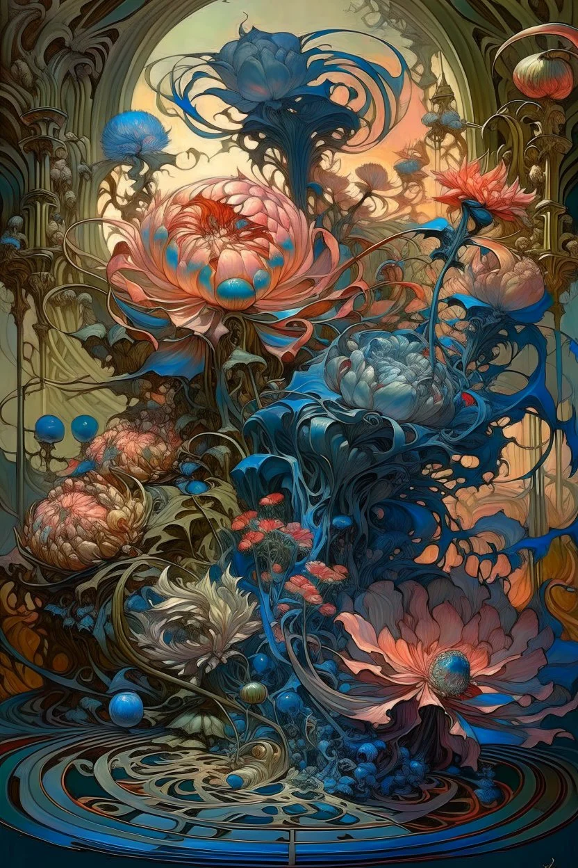 Fantastic big exotic flowers, watercolor ink, intricate, magical, in the style of James Jean, Brian Froud, Yana Movchan, Zdzisław Beksinski, Hieronymus Bosch, hyperdetailed, sharp focus, intricate, concept art, digital painting, ambient lighting, 16 k, trending on artstation, hyper quality, highly detailed, fantasy, beautiful, colourful.