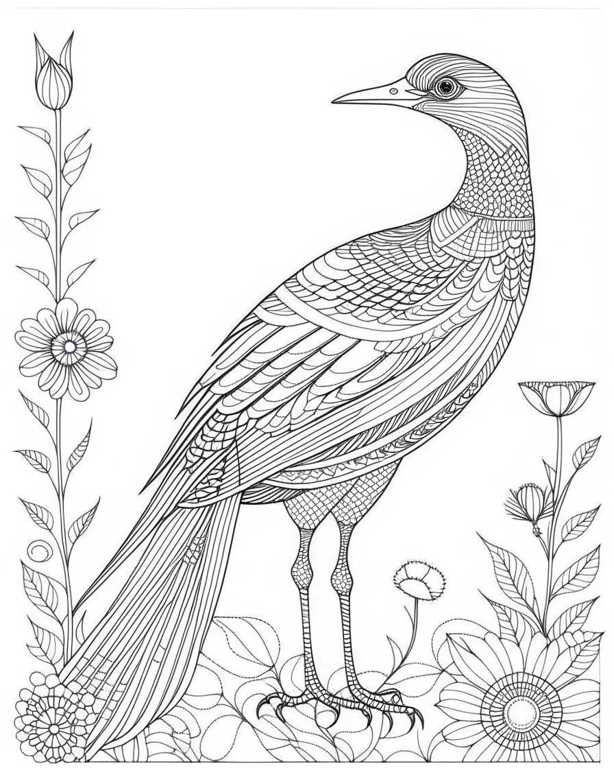 coloring page: A coloring book page style image of a majestic, graceful bird of flowers and water, outlined in thin, bold lines, with an intricate stained with bold line art and a black outline on a white background, suitable for both adults and children.