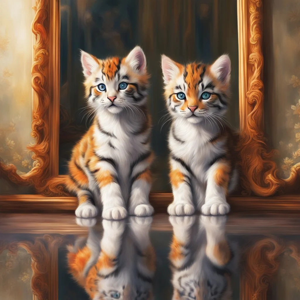 In a world full of fantasy, a little kitten stands in front of a mirror. In place of his own reflection, a majestic tiger appears. The little cat's eyes are wide in awe as she beholds the majesty of the tiger. Details like lush fur, bright orange stripes, and the tiger's intimidating gaze in the mirror create a sharp contrast to the kitten's delicate and innocent appearance Leica Q2 with Summilux 3 Photo