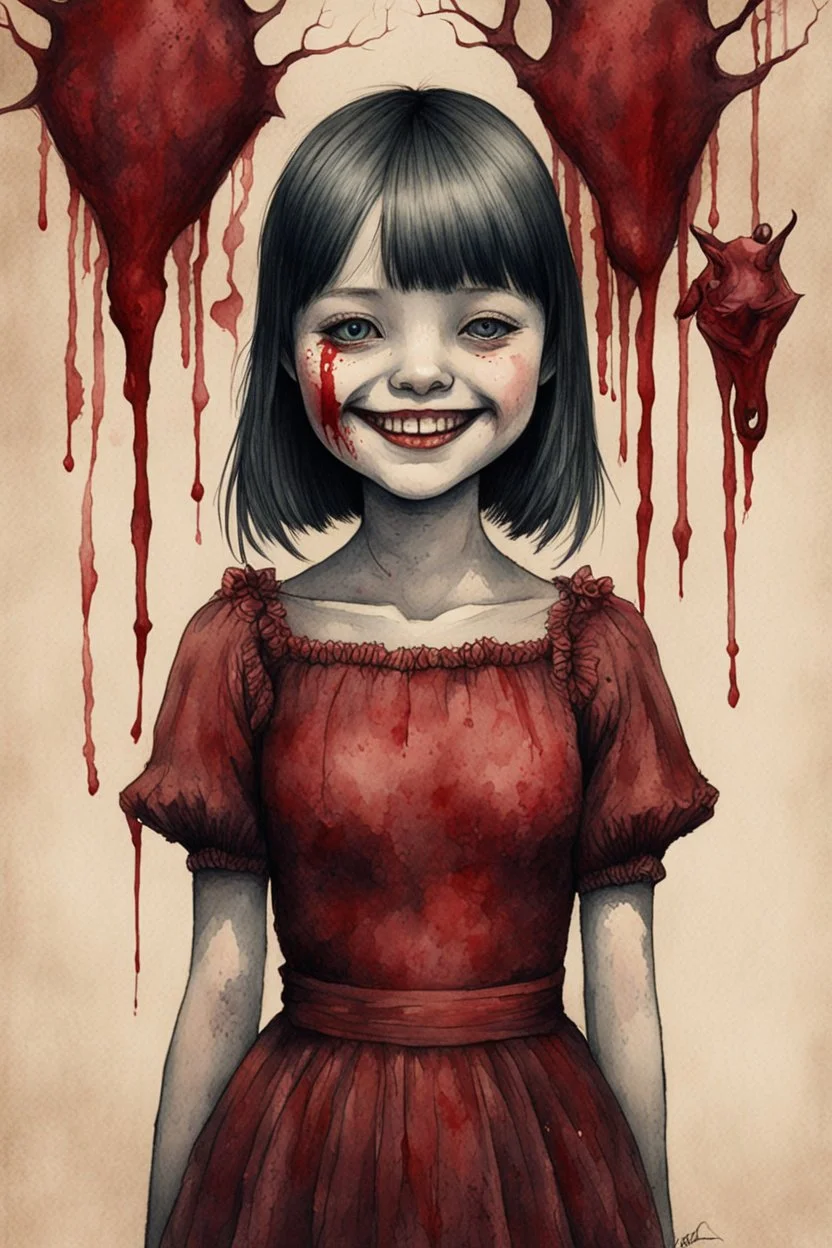 body anormal, smile blood, girl cute, watercolor illustration by <John Kenn Mortensen>, darkred tones,