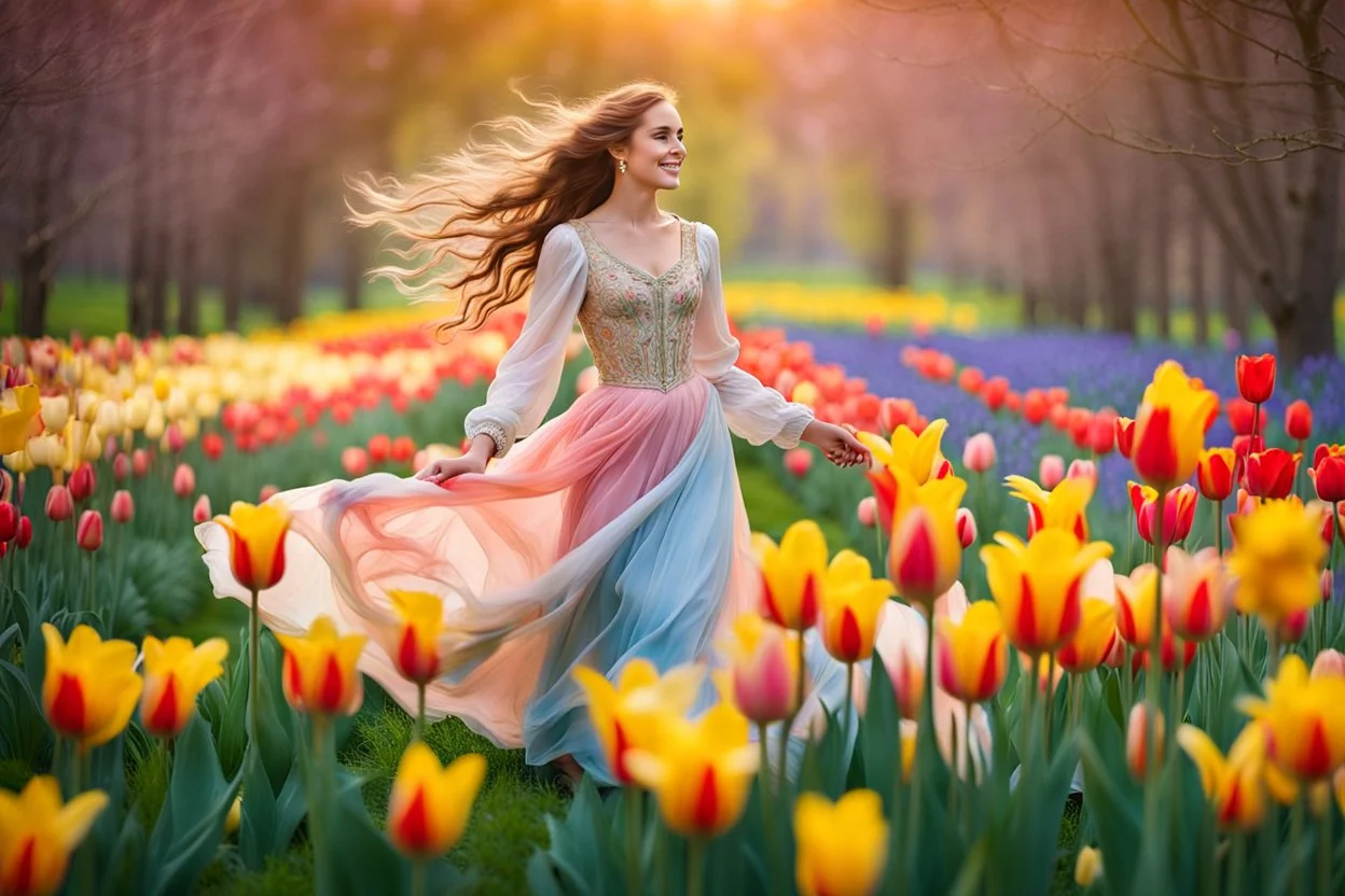 A young woman, adorned in a stunning Renaissance dress, gracefully sprints across a lush, vibrant meadow, her long hair flowing behind her like a painter's brushstroke. The soft, pastel hues of the season envelop her in a warm embrace, as vivid tulips and daffodils dance around her feet. Her heart is filled with unwavering determination and unyielding optimism, for she knows that this is her moment, her chance to create a future as beautiful and as radiant as the world around her.. high detaile