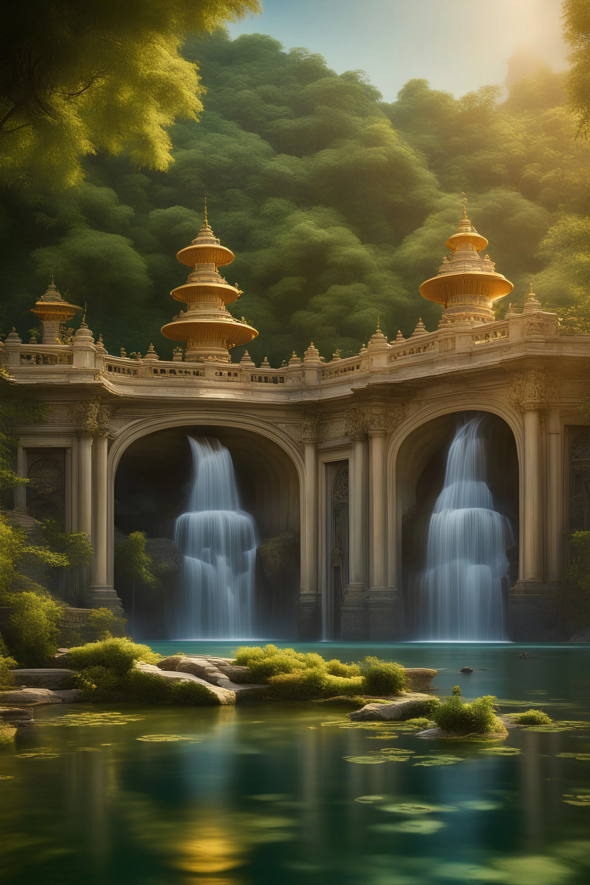 Create an exquisite scene of a waterfall flowing into a serene pond, reflecting the grandeur of a majestic palace in the background, Infuse the image with colors that symbolize wealth and success in Feng Shui, 16k resolution, super realistic detail, using a canon EOS 5D Mark IV DSLR camera