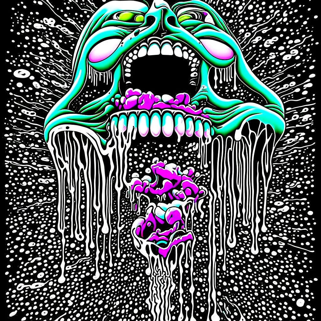 Surreal digital illustration of only a floating mouth that is puking out a psychedelic lovesick hearts covered in spit, spilling from the large pair of cartoonist , Camilla d'ericaoverexaggerated lips, manga inspired, absurdist, postmodern, only black and grey color palette, crude, fluid acrylic paint, epoxy resin , acrylic pour, unusual colors, trippy, gross, abstract, pulp fiction art style illustration, behance, grotesque, lovesick,