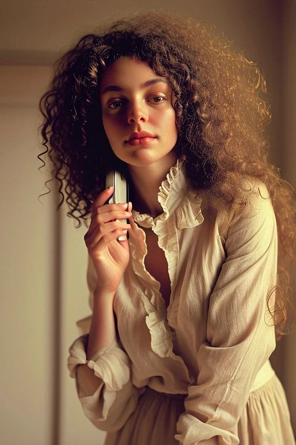 A beautiful woman with curly brown hair, a pensive expression, holding in one hand an old dial phone with the cord wrapped around her body, in a luxurious room in sunshine