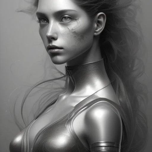 A black and white portrait of a women, long hair, upper body, head and shoulders portrait, 8k resolution concept art portrait by Greg Rutkowski, Artgerm, WLOP, Alphonse Mucha dynamic lighting hyperdetailed intricately detailed Splash art trending on Artstation triadic colors Unreal Engine 5 volumetric lighting