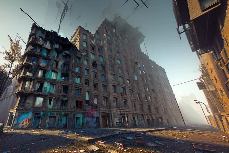 apartment, run down, graffiti, vandalized, day time, destroyed buildings , unity, scriptable render pipeline , lighting , volumetric , global illumination, fog , clear sky.