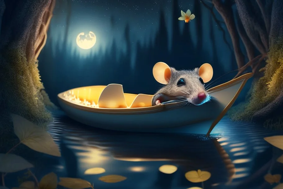 portrait of handsome mouse in cheese boat, in moonlit forest by stream, book illustration, fine detail, 4k, trending, volumetric light, depth of field