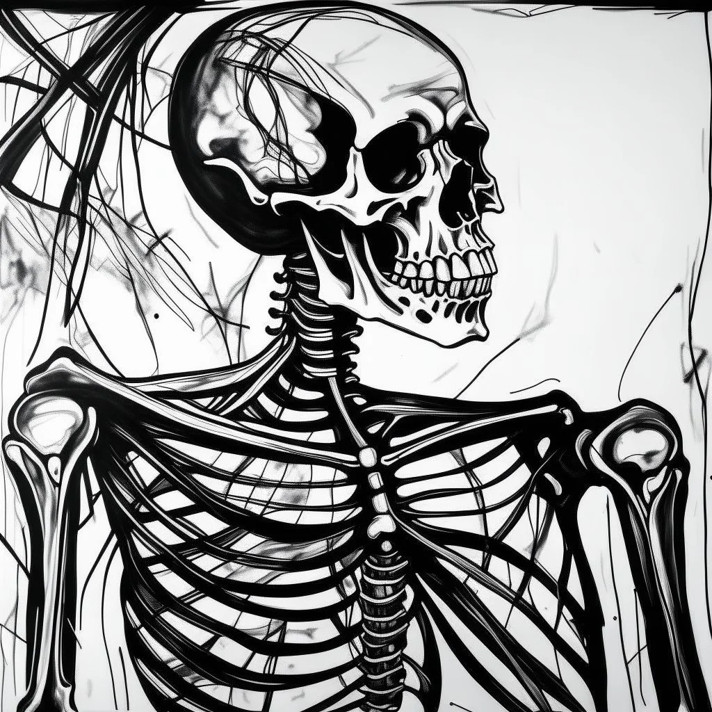 abstract acrylic paint of a skeleton, black and white, outline, ink art