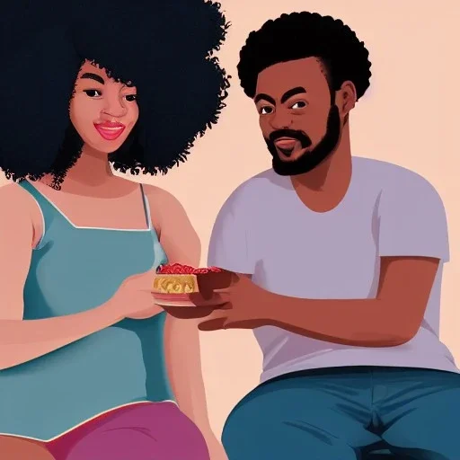 30 years old slim handsome black man and 28 years old curvy lady with afro hairstyle eating and watching television in a beautiful sitting room, digital painting, digital illustration, extreme detail, digital art, 4k, ultra hd