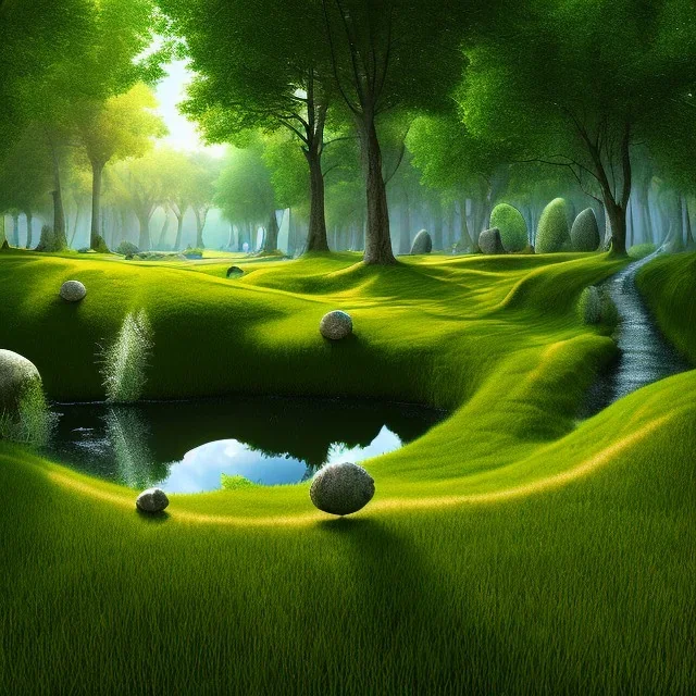 paysage, miroirs sur l'herbe, notion de temps qui passe, 3D art