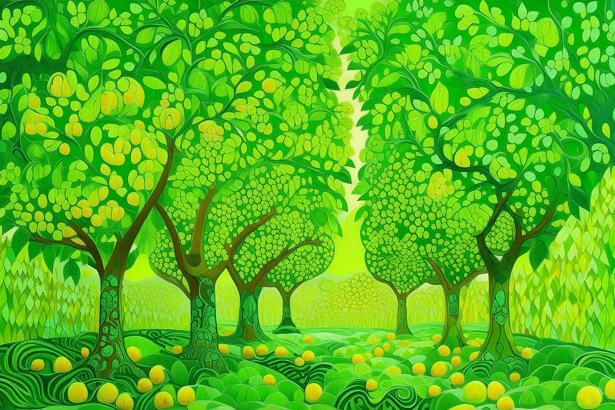 A lime green geometric forest with apple trees designed in African masks painted by Vincent van Gogh