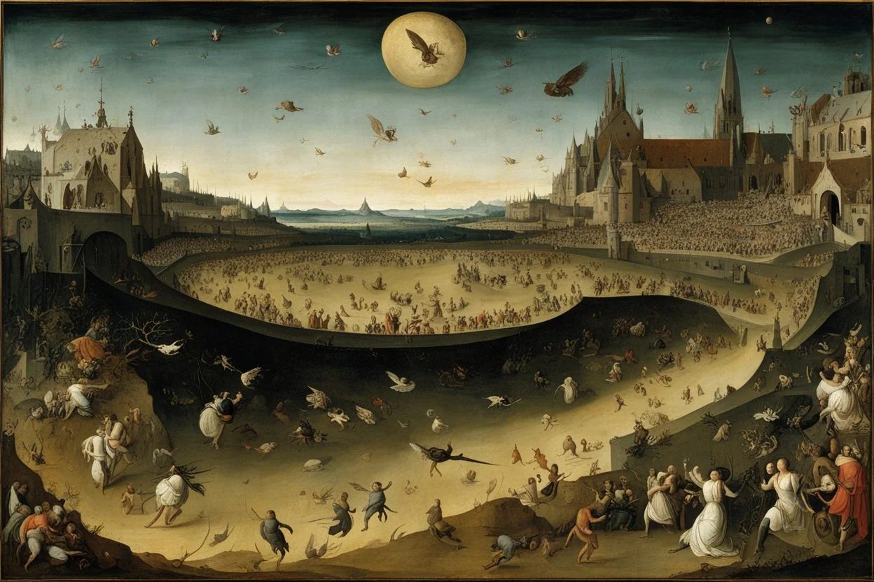 View of Elysium with dark female flying around over people running away in fear, creatures crawling, Hieronymus Bosch