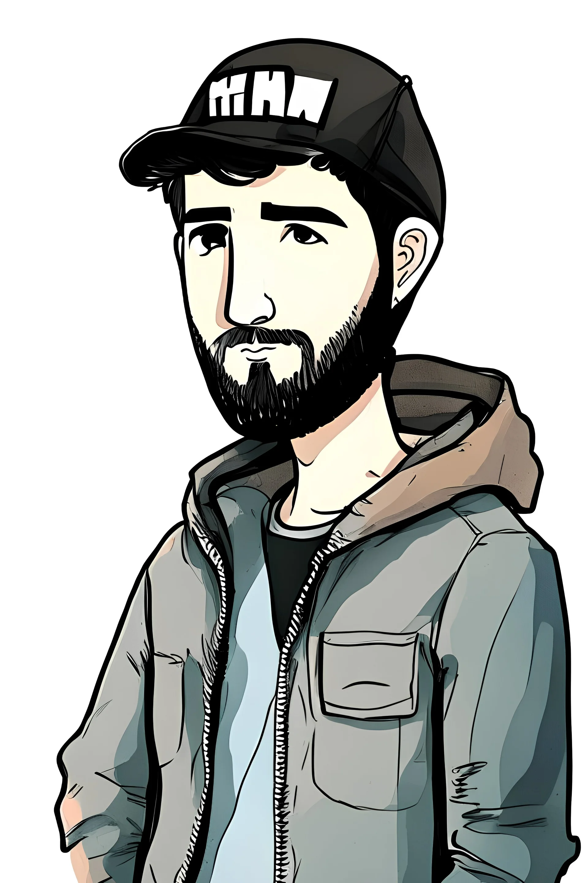 Hima, young man, 20 years old, journalist, black hair, short beard, wearing a press jacket ، He wears a Bluo press jacket that says, PREES ،Wearing a black sports cap, photographer , Background of destroyed buildings ،simple cartoon style for a card, signed with the name Hima. water color