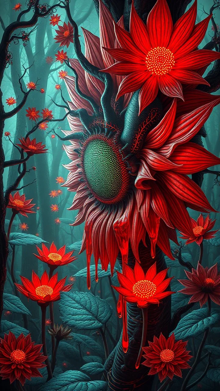 Quintessential Horror Surrealism:A cyber-a sunflower catastrophic dimensional fission through Seedream 3D recursive rendering, fracturing into chaos Legion Doodle simultaneous nightmare realities while simultaneously occupying four perforated reality levels—manifests as a blood-drenched forest where trees weep crimson sap and bioluminescent fungi pulse with recursive Fibonacci patterns, surrounded by carnivorous flowers with fanged mouths dripping neon venom; mat