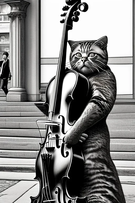 One single mature cat playing contrabass on the street, Vienna, thoughtful, mourning, model style, hyper realistic, extremely accurate, delicate, extremely detailed, Graphic novel style, wide-angle, open aperture, superfine pencil