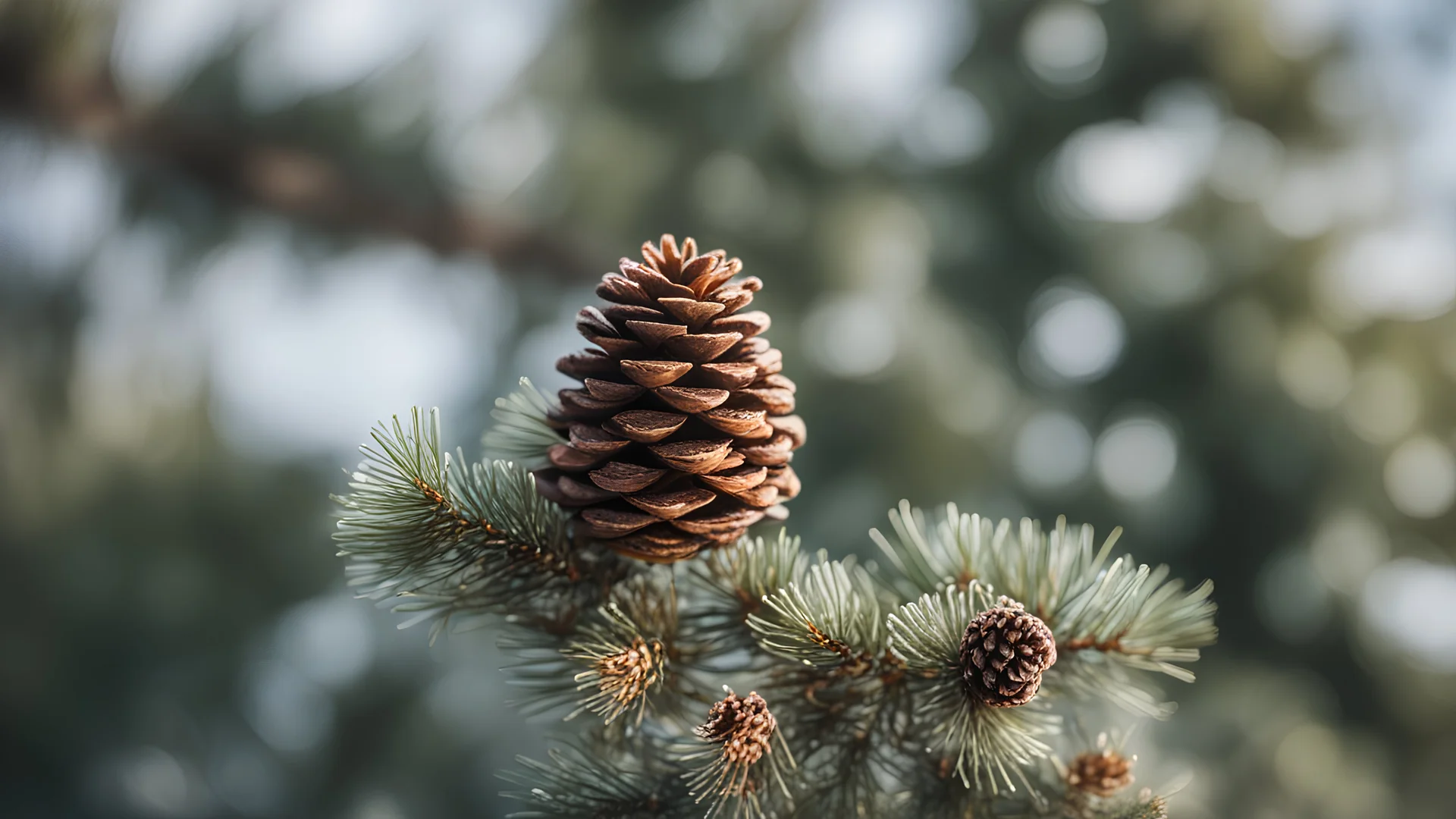 new fir tree top with pine cone, close-up, blurred background