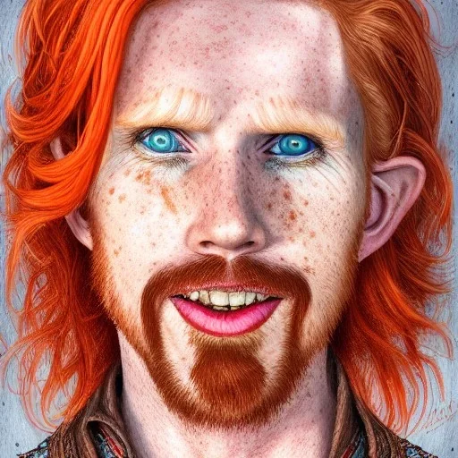 Portrait of Courtney Gains as a ruggedly handsome, joyful, roguish pirate, charismatic, attractive male, masculine, perfect, precisely detailed clear eyes, softly freckled face, unblemished, flawless skin; meticulously detailed multi-hued ginger carrot colored cherry fire red hair; fantasy, intricate, elegant, highly detailed, digital painting, concept art, matte, sharp focus, illustration, art by artgerm and greg rutkowski and alphonse mucha