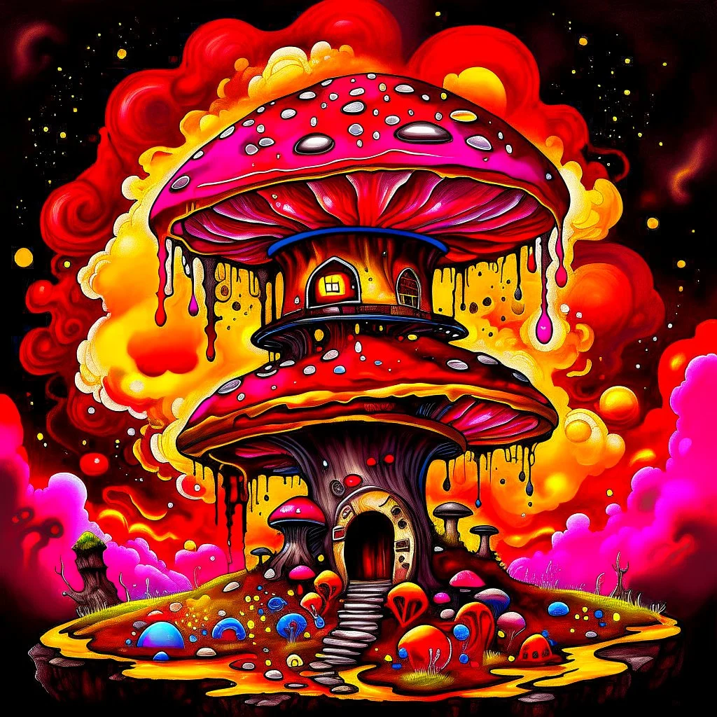 A fantabulous black, red, and yellow (((mushroom tower house))) erected atop a (geologic pillar), surrounded by the uncanny imaginative ((( swirling skies))), offset by the stark hues of a (neon-tinged nebulous space scape), within. captured by the hand a skilled master painter with a focus on (softly blurred compositions and voluminous lighting).