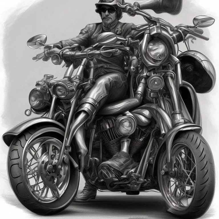 technical concept study, pencil sketch, harley davidson, A man sitting on a motorcycle with a casket hat