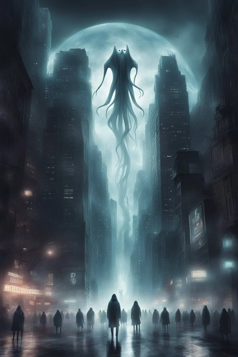 A captivating depiction in digital form, showcasing a plethora of extraordinary ghost creatures thriving within a surreal and lively ghosts realm. This imaginative artwork embodies the essence of science fiction, presenting a medium shot composition with fantastical beings that are unique, belonging to a world beyond our own. A modern city of ghosts out of this world enhanced by dark atmospheric lighting, and breathtaking landscapes. Busch painting style nightmare