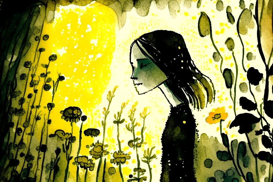 woman in the flowergarden, styles of Paul Klee Dee Nickerson and Tim Burton, melting watercolor and black ink outlines on wet paper, soft, shading strokes, in sunshine, ethereal, otherwordly, cinematic postprocessing, bokeh, dof