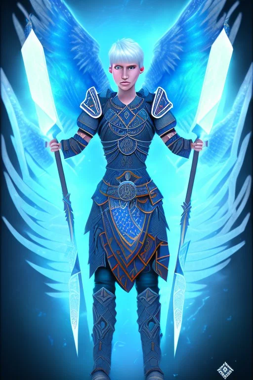 a person in runic armor with blue wings, blue short hair, runic tattoo and spell book