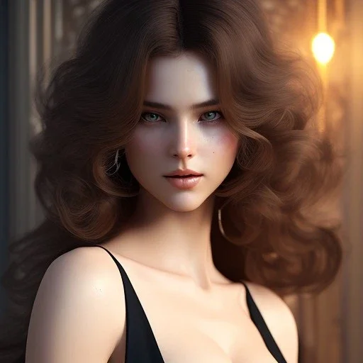 1970's porno model , cute, angelic face with minor blemishes, beautiful, long flowing hair, wavy hair, curly hair، black eyes, head and shoulders portrait, cinematic, 8k, resolution concept art portrait by Greg Rutkowski, Artgerm, WLOP, Alphonse Mucha dynamic lighting hyperdetailed intricately detailed, bokeh, Stunning 8k ektar film scan