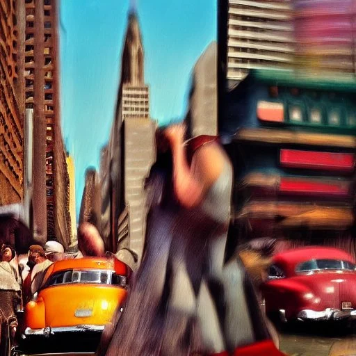 Picture 1950's street life, people, New York, very blurry, abstractism, colours, strong texture, 3d, chaotic