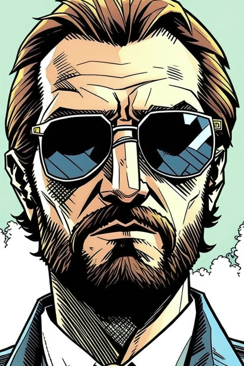 man wearing sunglasses who looks like Hans Gruber with a judgmental look on his face comic book style