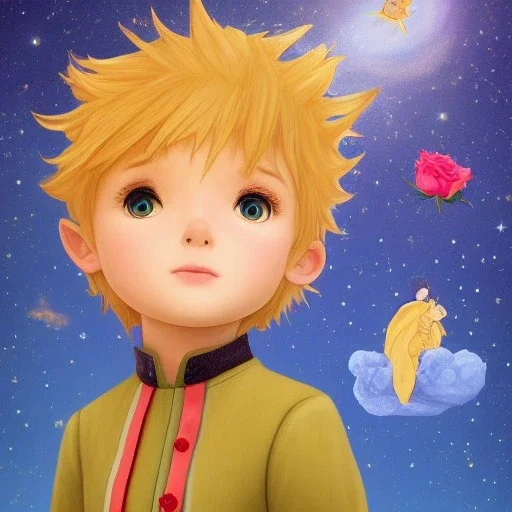 The Little Prince and The Rose ,super sweet and mega cute male human toddler, super sweet and mega cute epic human fantasy king, crystal clear ice, majestic, ominous, art background, intricate, masterpiece, expert, insanely detailed, 4k resolution, retroanime style, cute big circular reflective eyes, cinematic smooth, intricate detail , soft smooth lighting, vivid dramatic colors, painted Rena