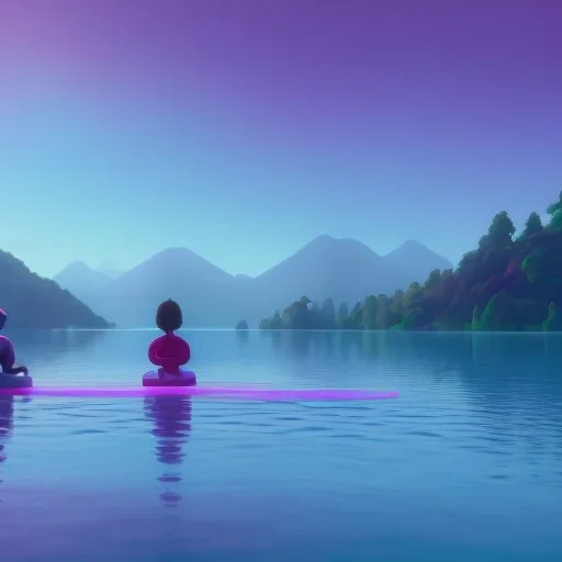 the camera is far away and there's two people sitting from behind looking at a lake, t's sunset there're a lot of shades of pink and purple, flashing. the lake is reflexing tiny lights, magic universe atmosphere, cinematic atmosphere, 8k, octane render, unreal engine, , by Asaf Hanuka