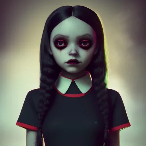 Jenna ortega as wednesday with wednesday addams dress,soft goth libstick, wednesday addams make up, overknee socks,fantasy art, dramatic lighting, highly detailed oil painting, volumetric lighting