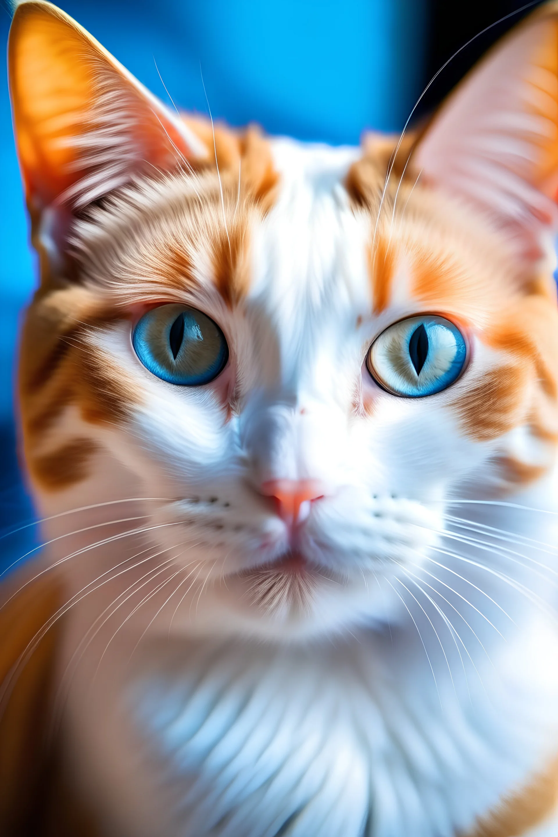 portrait of white and orange cat with bright blue eyes