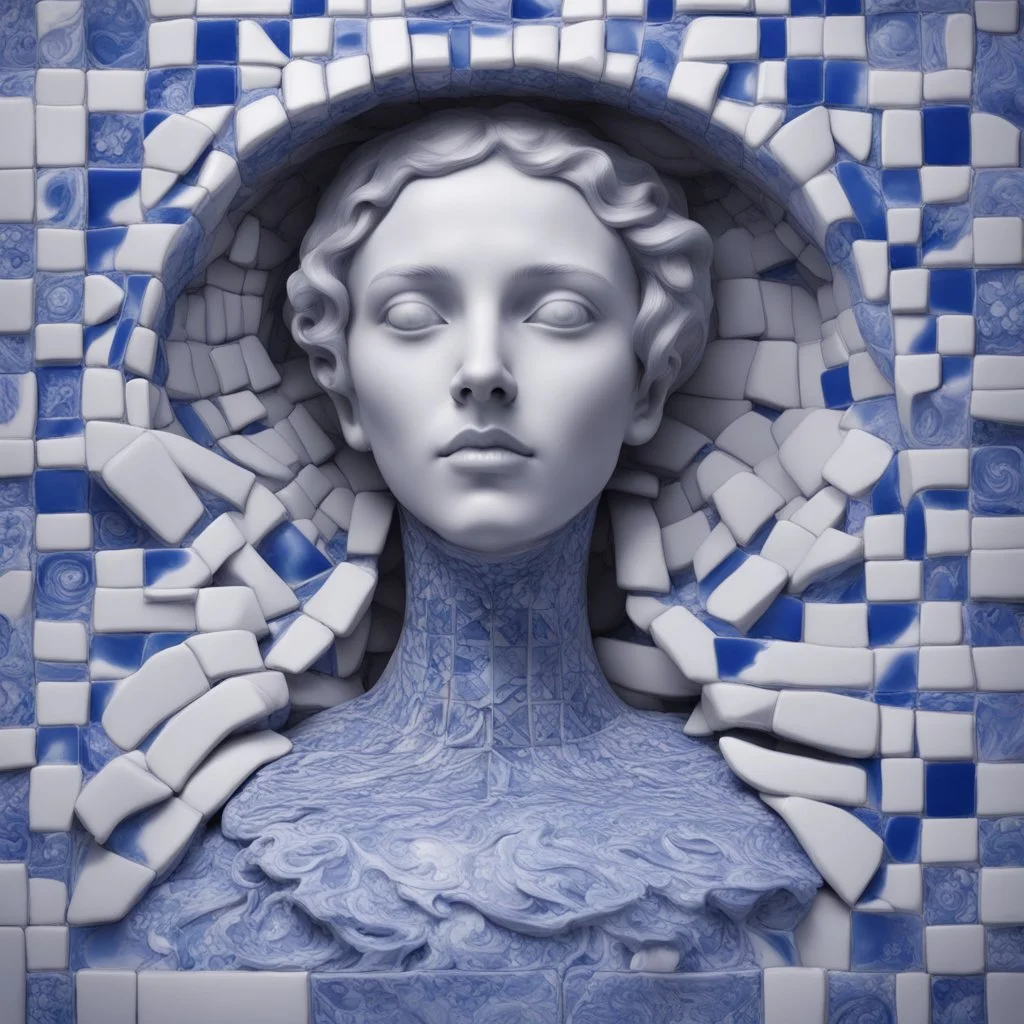 Insanely detailed Hd Photography of concept photography of a woman statue made from portuguese azulejo tiles, oozing ceramic, azulejo design visible, insanely good concept photography of an azulejo mind made from azulejo tiles inspired by Igor morski by Pranckevicius