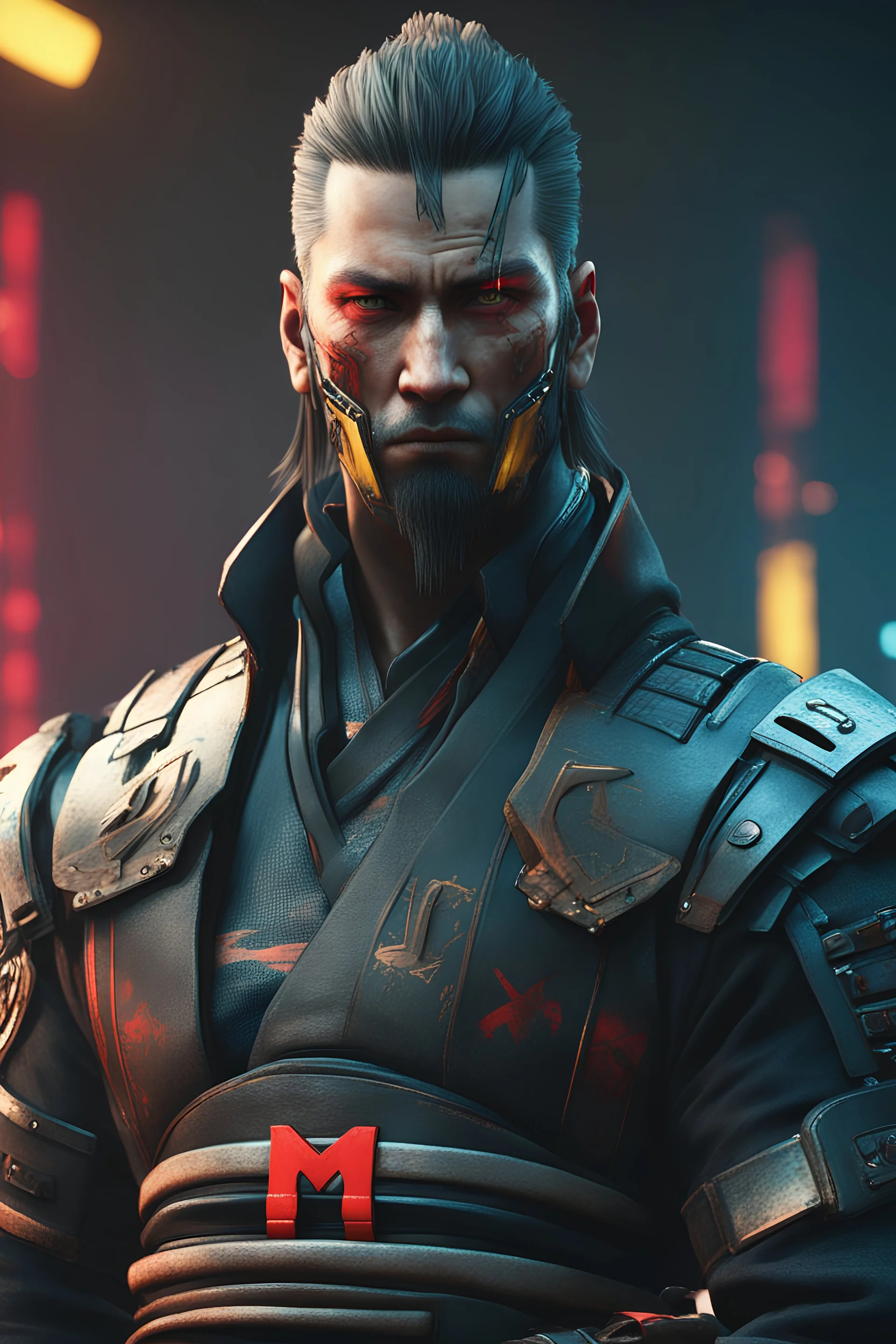 cyberpunk 2077 male samurai with the letter m on his mask