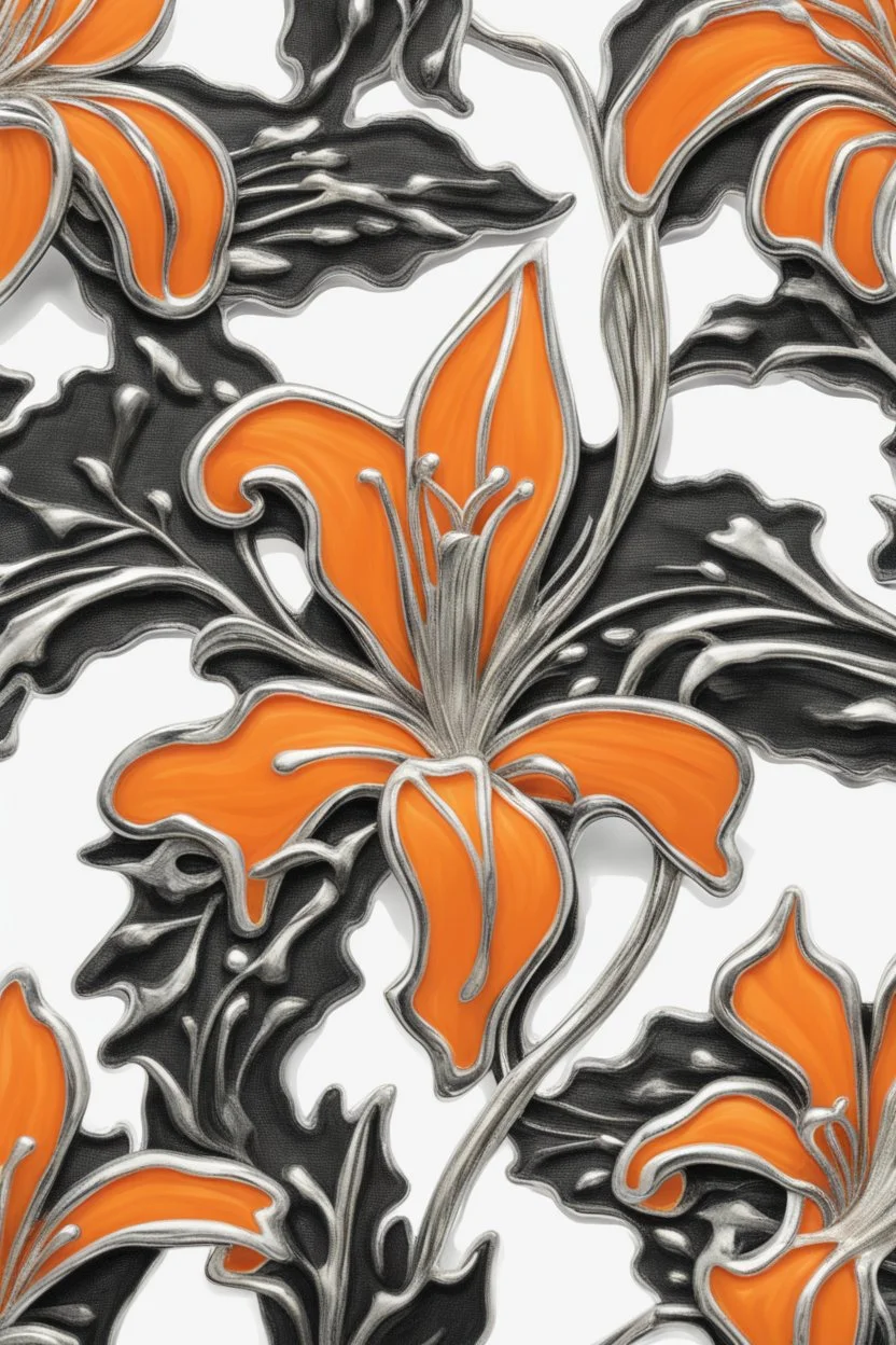 Black tie with silver brooch in the shape of an orange tiger lily flower