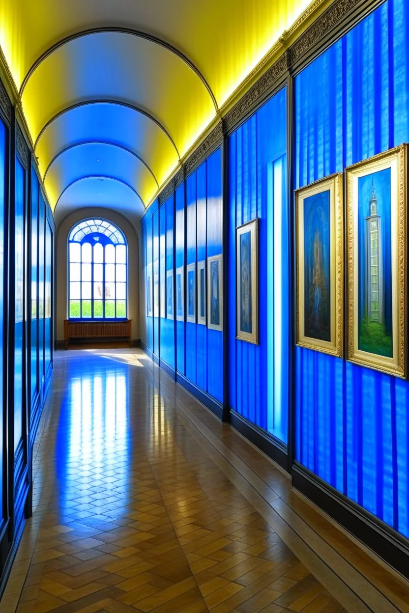 An exhibition of paintings whose side walls are in the shape of an oval and made of blue glass and its floor is light with a wall in the middle of the hall to divide it into two parts with a corridor at the beginning and end of the wall and the paintings displayed are old and historical