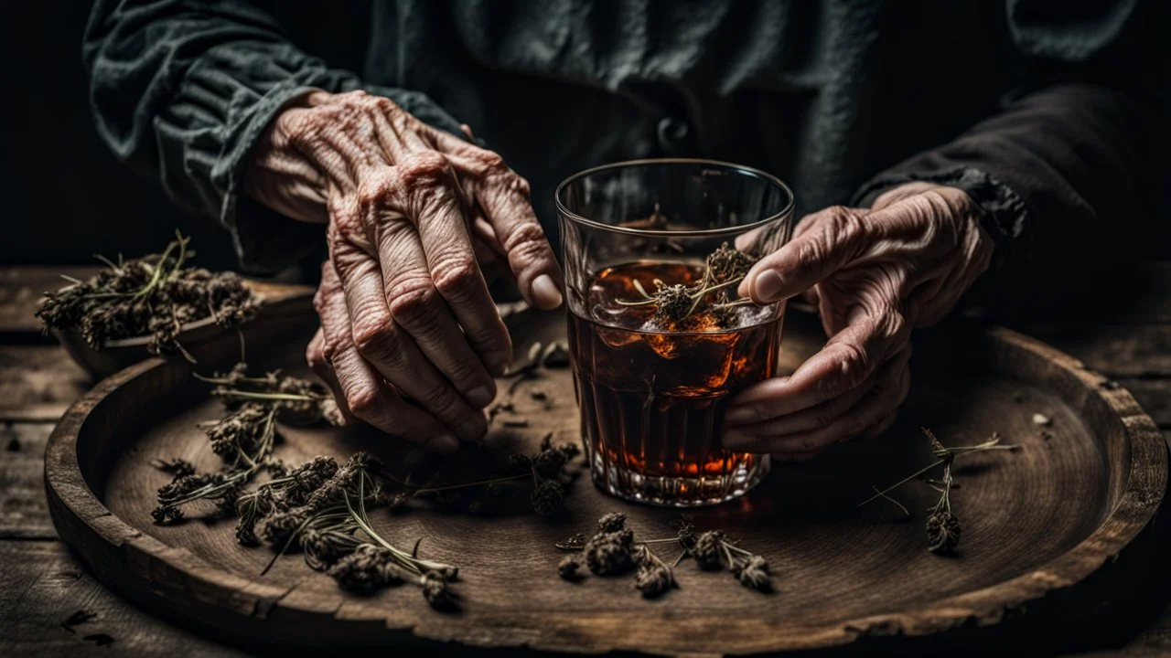 close up photo from an old woman's wrinkled hands holds one brown herb water in vintage water glass with , thriller, sinister , old witch interior, dark mood, perfect photo