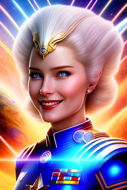 cosmic woman smile, admiral from the future, one fine whole face, crystalline skin, expressive blue eyes,rainbow, smiling lips, very nice smile, costume pleiadian, Beautiful tall woman pleiadian Galactic commander, ship, perfect datailed golden galactic suit, high rank, long blond hair, hand whit five perfect detailed finger, amazing big blue eyes, smilling mouth, high drfinition lips, cosmic happiness, bright colors, blue, pink, gold, jewels, realist, high commander