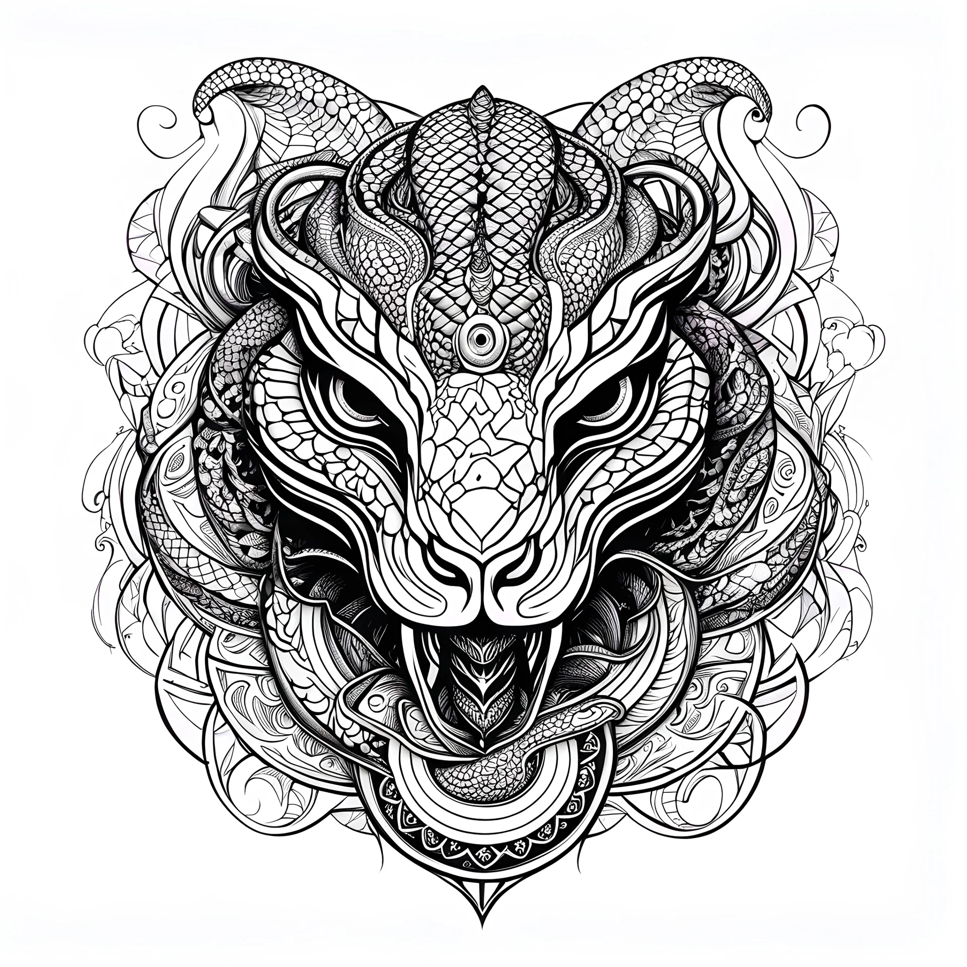 Snake head tatto style, black lines, white background