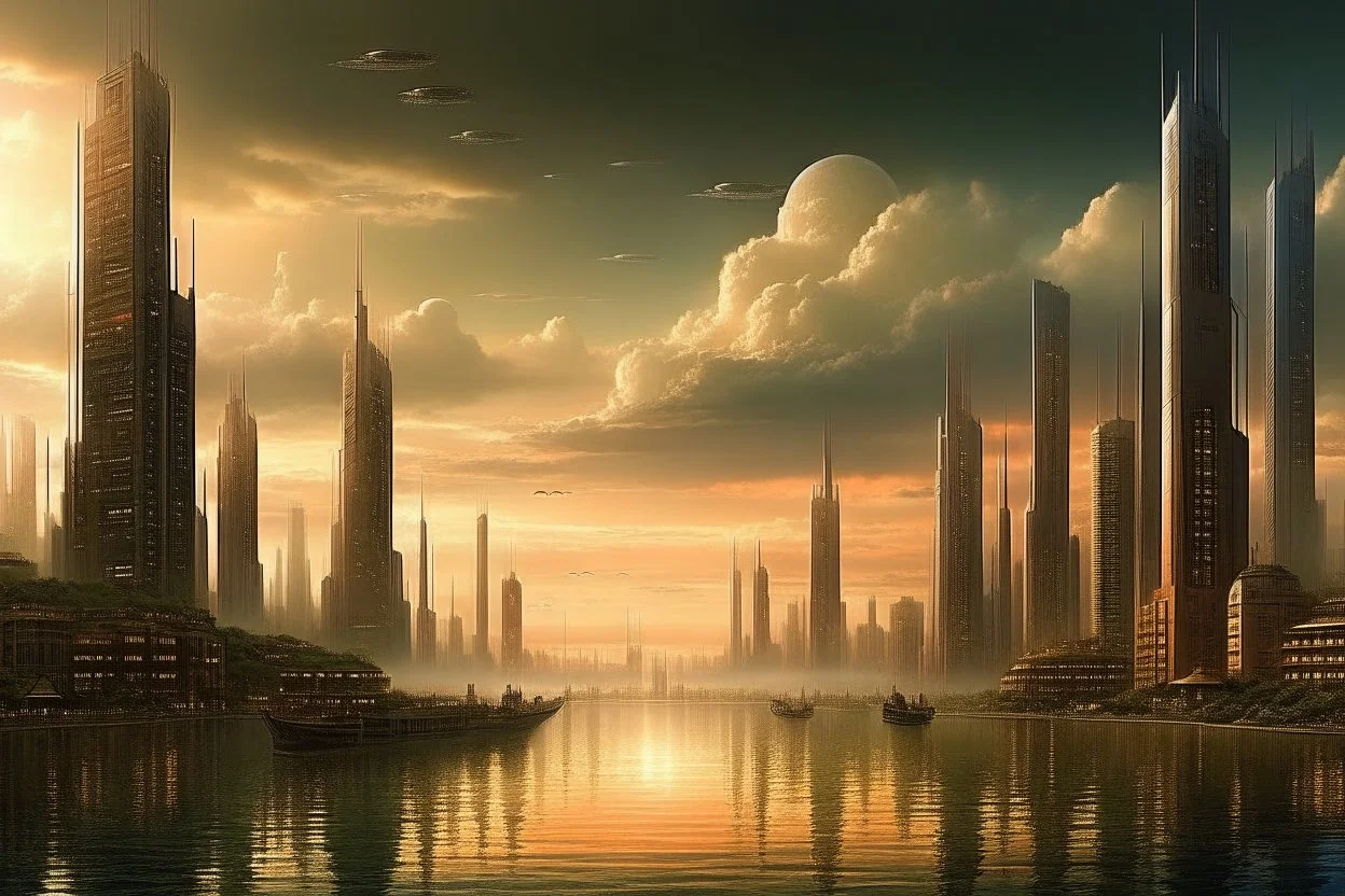 city, sci-fi, lake, ships, clouds, gary numan influence