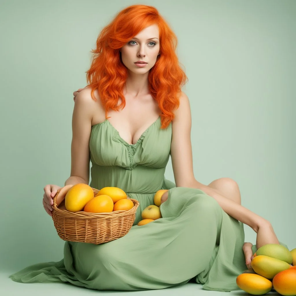 A beautiful young woman with orange hair sitting in a light green dress with a basket full of mangoes. All on a light background that can be easily removed.