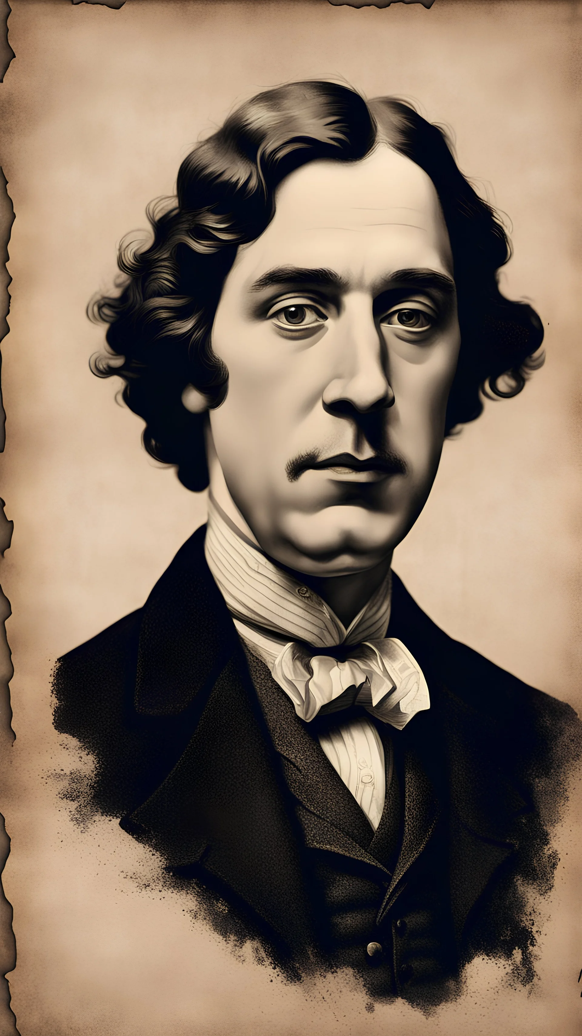 Hyper Realistic portrait of Oscar Wilde on a vintage old paper with dark background