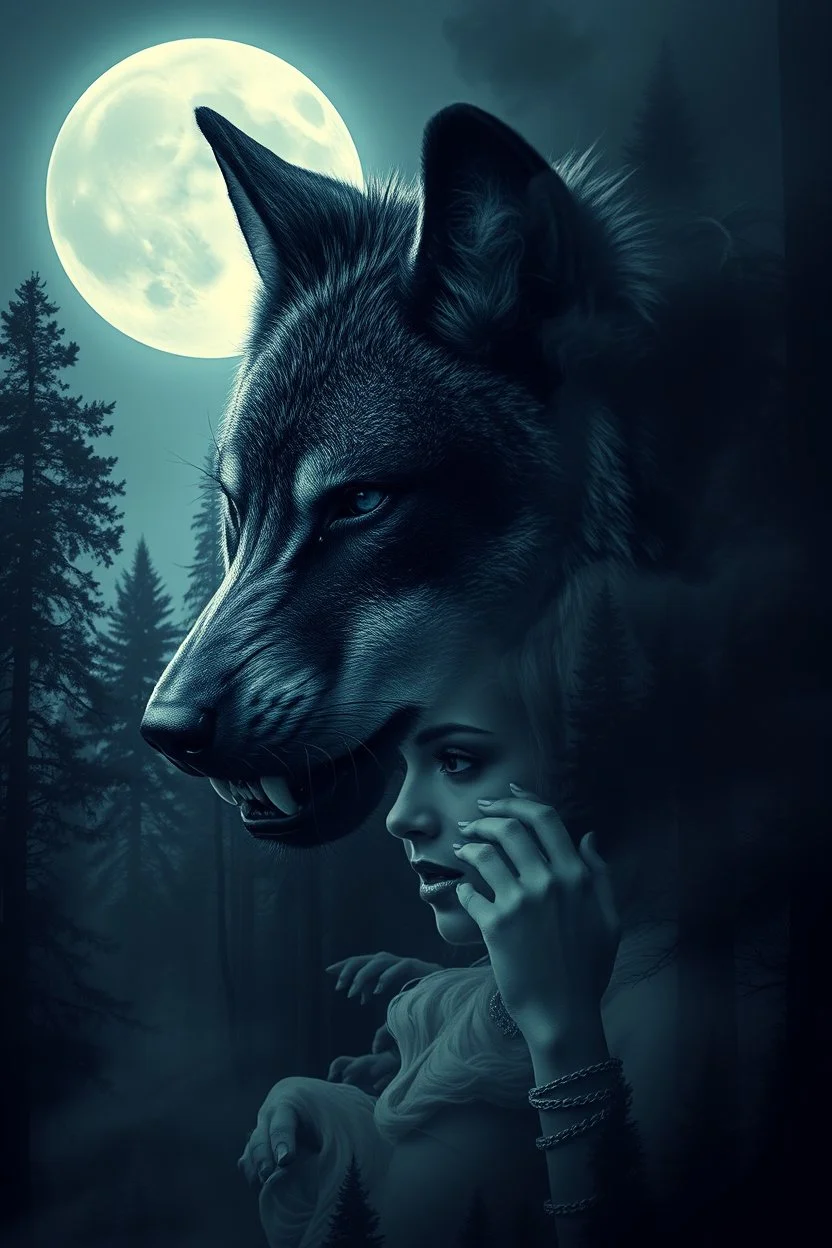 double exposure stunning wolf-woman mutant portait, forest, moon, smoke, ultra-high detailed, deep dark colors, dark fantasy, intricate detail, cinematic, masterpiece, sharp focus, dark ethereal fantasy, hyperdetailed, atmospheric , dark surreal fantasy