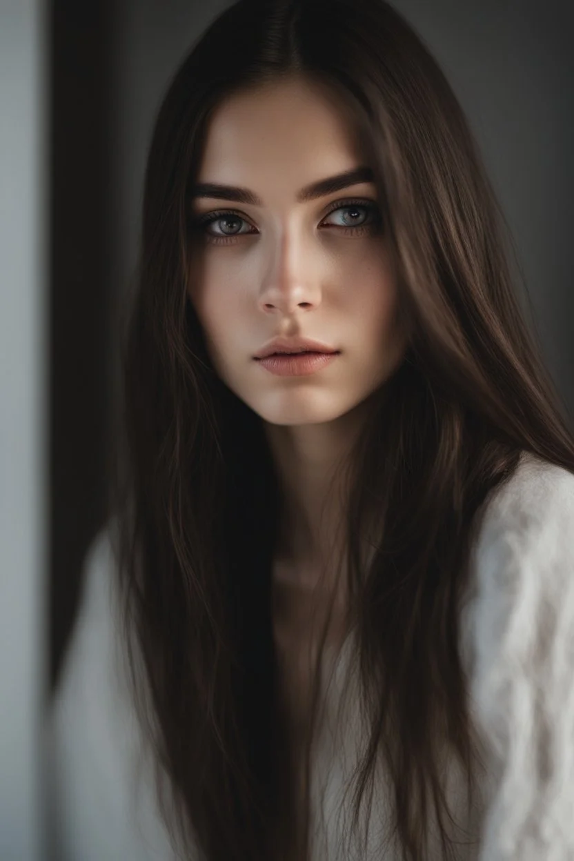 An incredibliy detailed medium shot macro shot of a 20 years old beautiful girl, long dark hair, an artistic portrait, detailed skin, detailed hair, facing to the camera, looking at the camera, dreamy mood, realistic, low aperture, bright image, Leica Q3, corner in the white room, white background, sunlight from the window, shadow of the window frame, golden hour