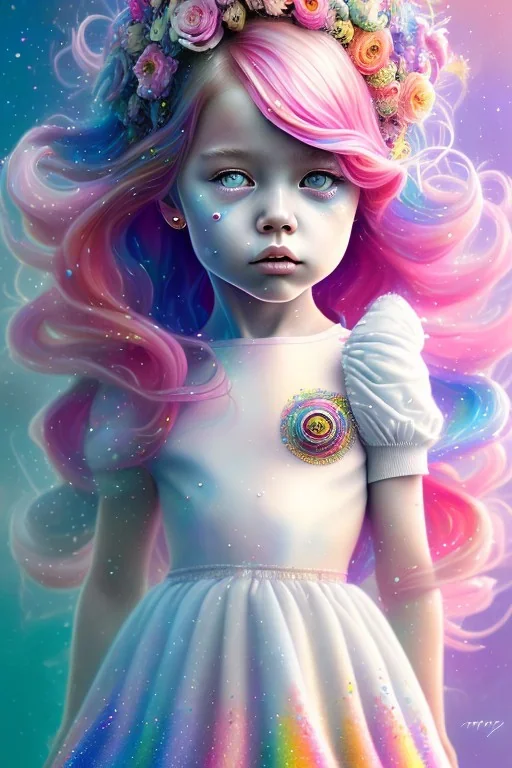 a little girl, pink hair, colorful, watercolor splash, white dress, rainbow flowers, in the style of Camilla d'Errico, hyper detailed, beautiful, complex, trending on artstation, cryengine, national geographic photo, chiaroscuro