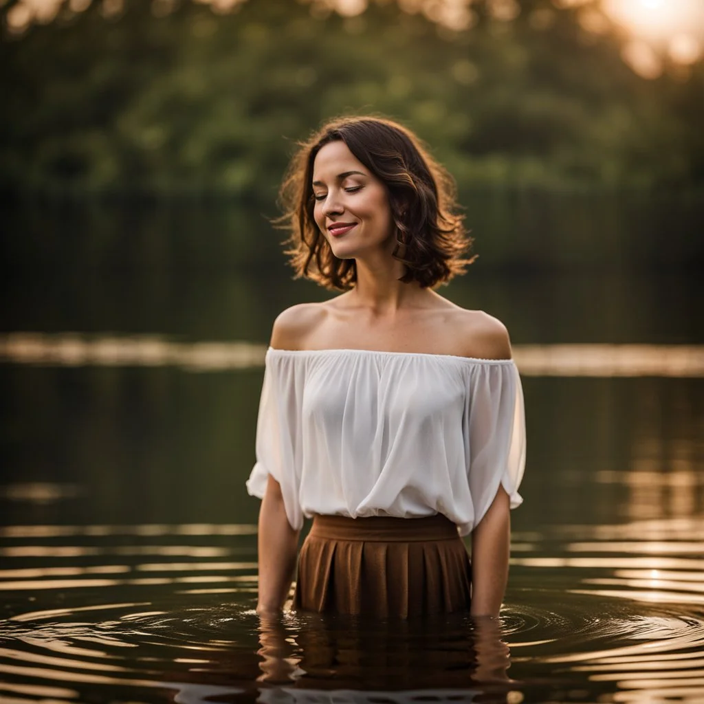 photography of a beautiful and happy woman, standing in lake water, eyes closed, meditation, white top, yoga flyer, brunette short wavy bob haircut, serenity, misty, relaxing image, white misty colors, foggy sunlight