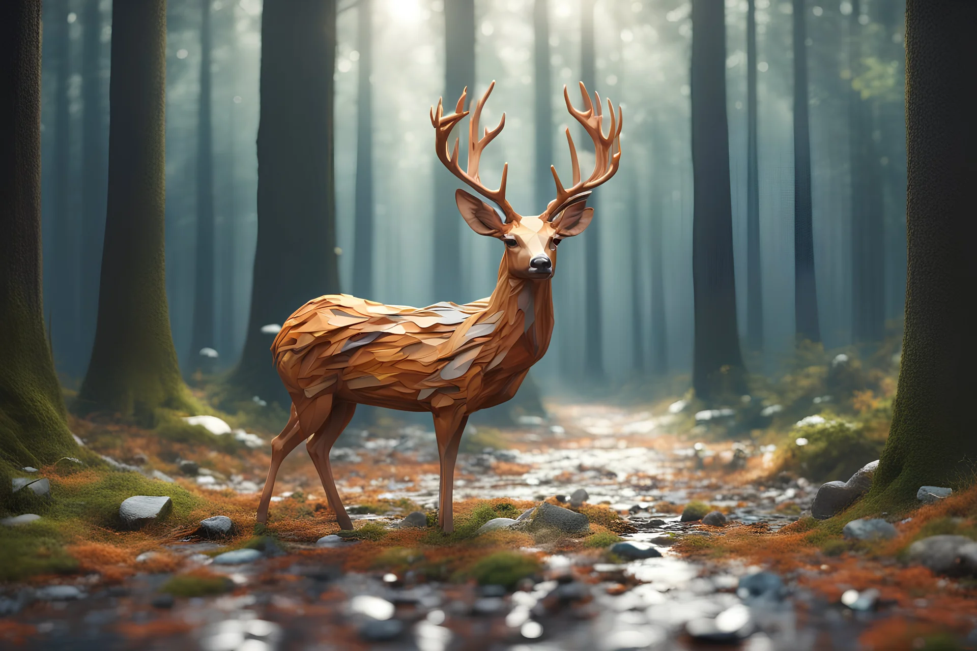 one deer in the forest a piece plastic waste on the floor, 16k, 3d rendering, expressively detailed, dynamic light,